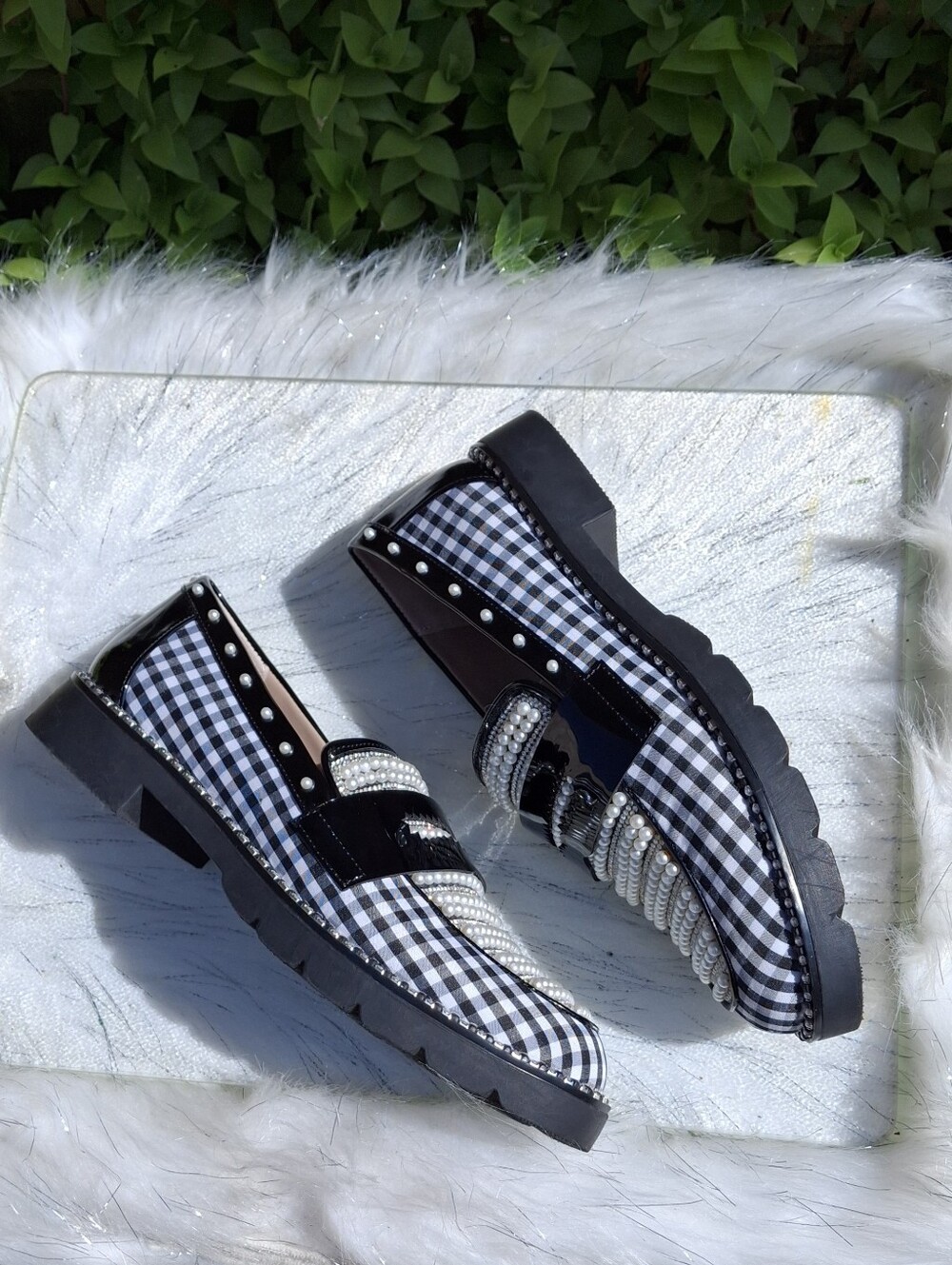 Betsey Johnson Darian Gingham Embellished Loafers Black & White Women Size 7 - Picture 9 of 16